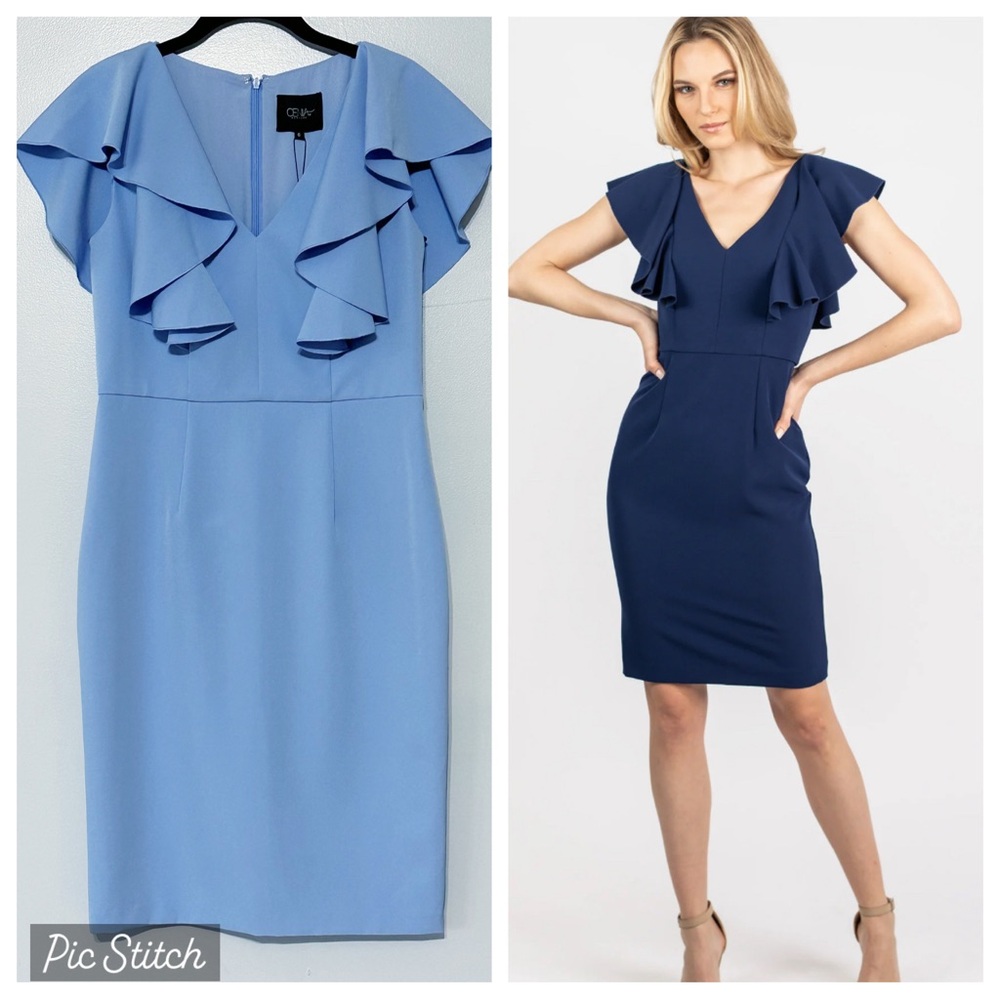 NWT Cenia New York Flounce Sleeve Sheath Dress in Cornflower Blue Size 6